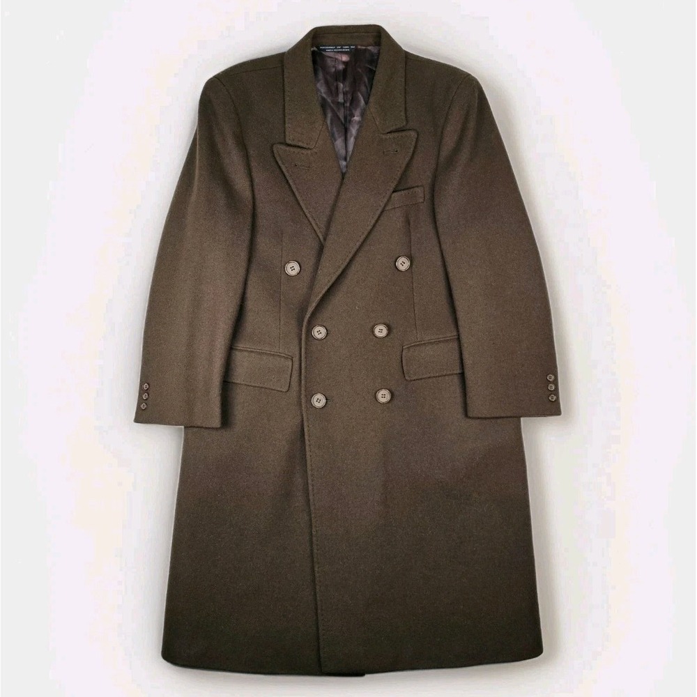 Vtg Double Breasted Wool Coat Men 40S Peak Lapel Flannel Olive Green Heavyweight